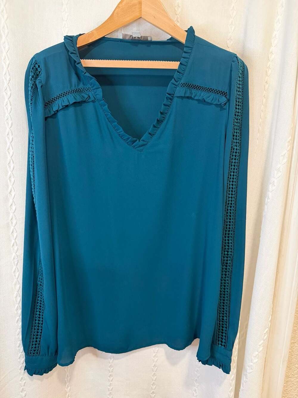 LOFT Womens Large Teal Blouse Ruffle V Neck Lace Inset Long Sleeve Work Top